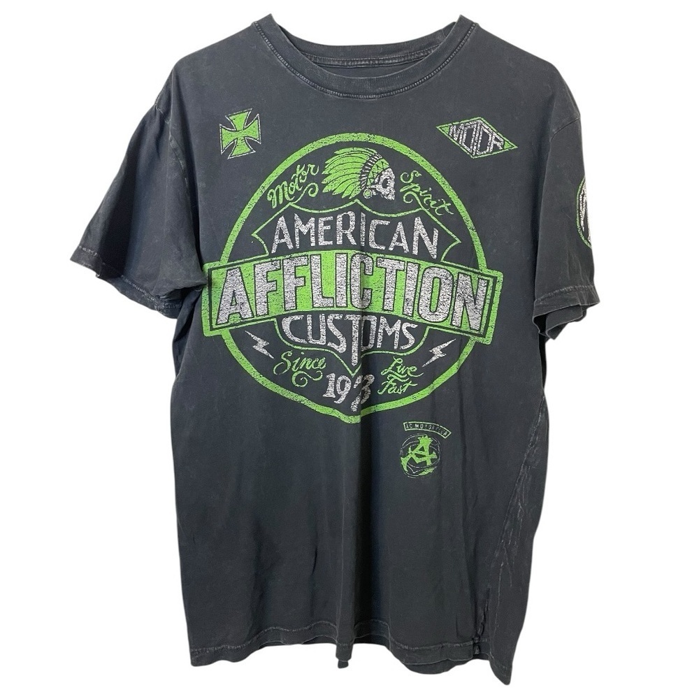 Affliction T-Shirt men's L Graphic Distressed American Customs Garage Lava Wash - Picture 3 of 7